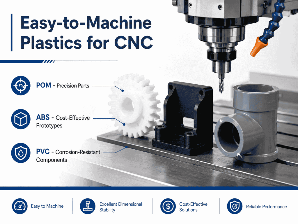 POM gear, ABS bracket, and PVC component displayed beside a CNC milling machine.