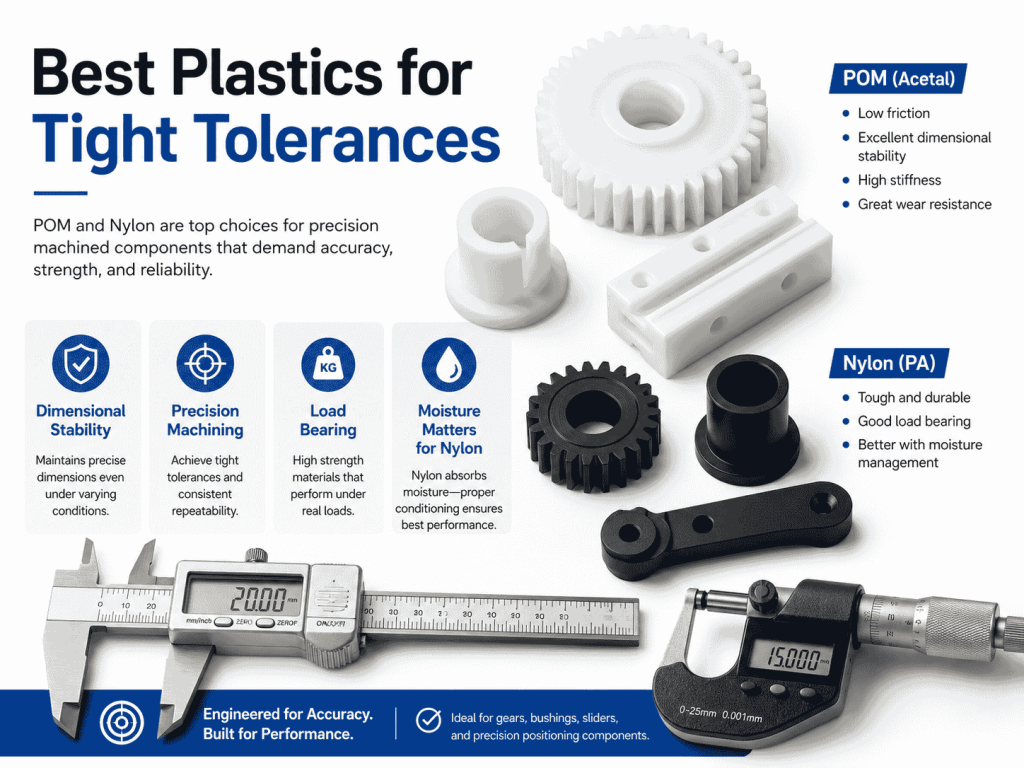 POM and nylon precision-machined gears, bushings, and sliders measured with digital calipers and a micrometer.