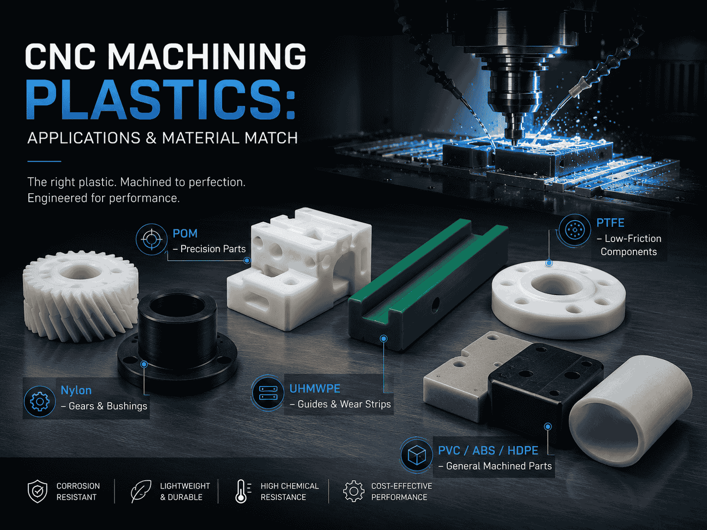 CNC-machined plastic components made from POM, nylon, UHMWPE, PTFE, PVC, ABS, and HDPE.