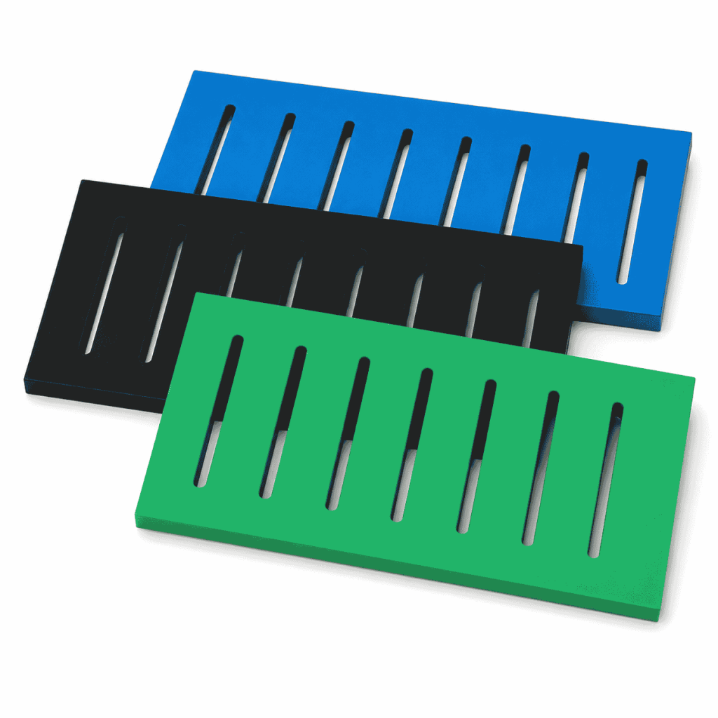 CNC Machined Plastic Trench Drain Cover with longitudinal drainage slots in blue green and black