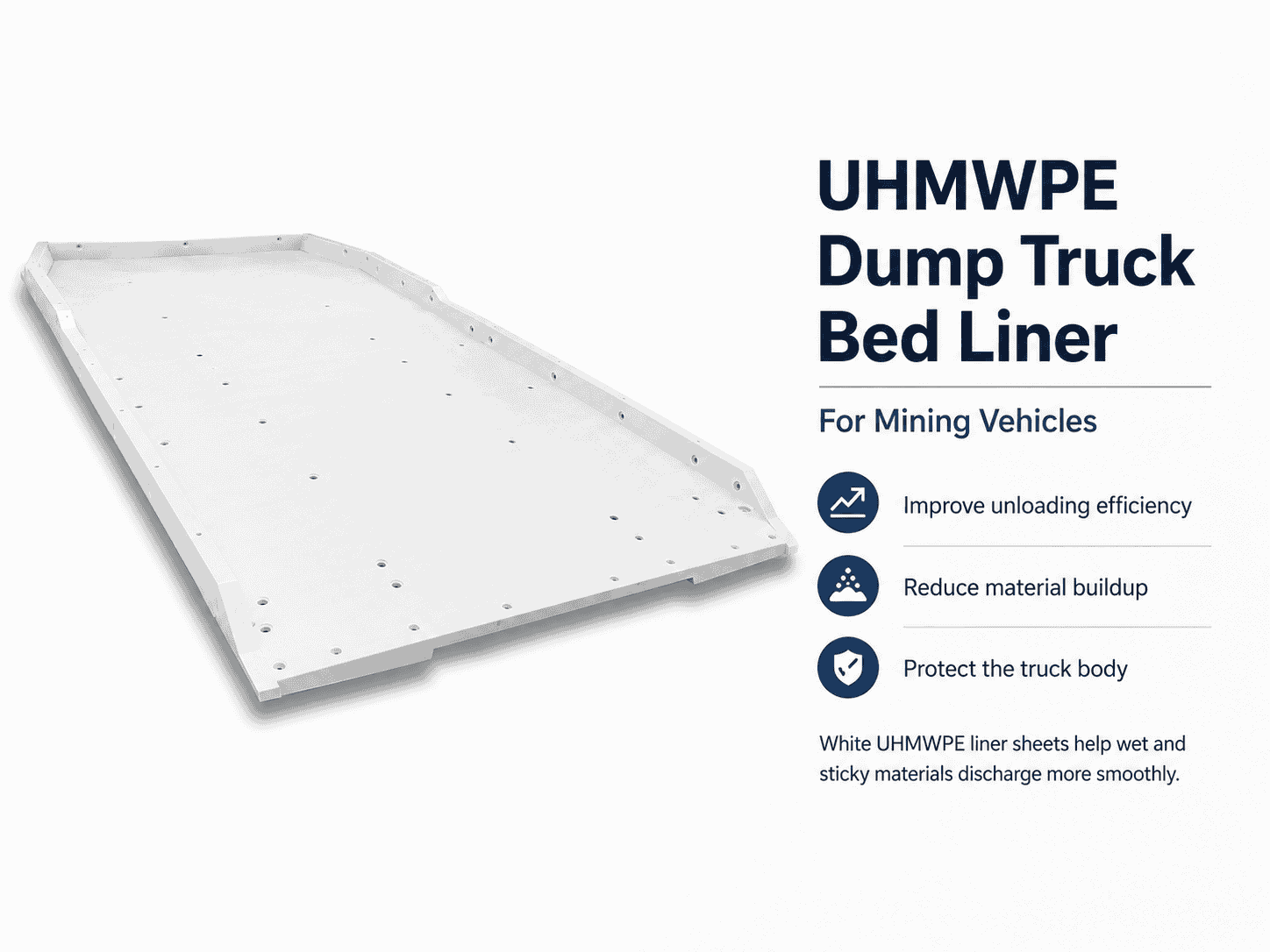 Promotional graphic showing a white UHMWPE dump truck bed liner for mining vehicles with key product benefits.