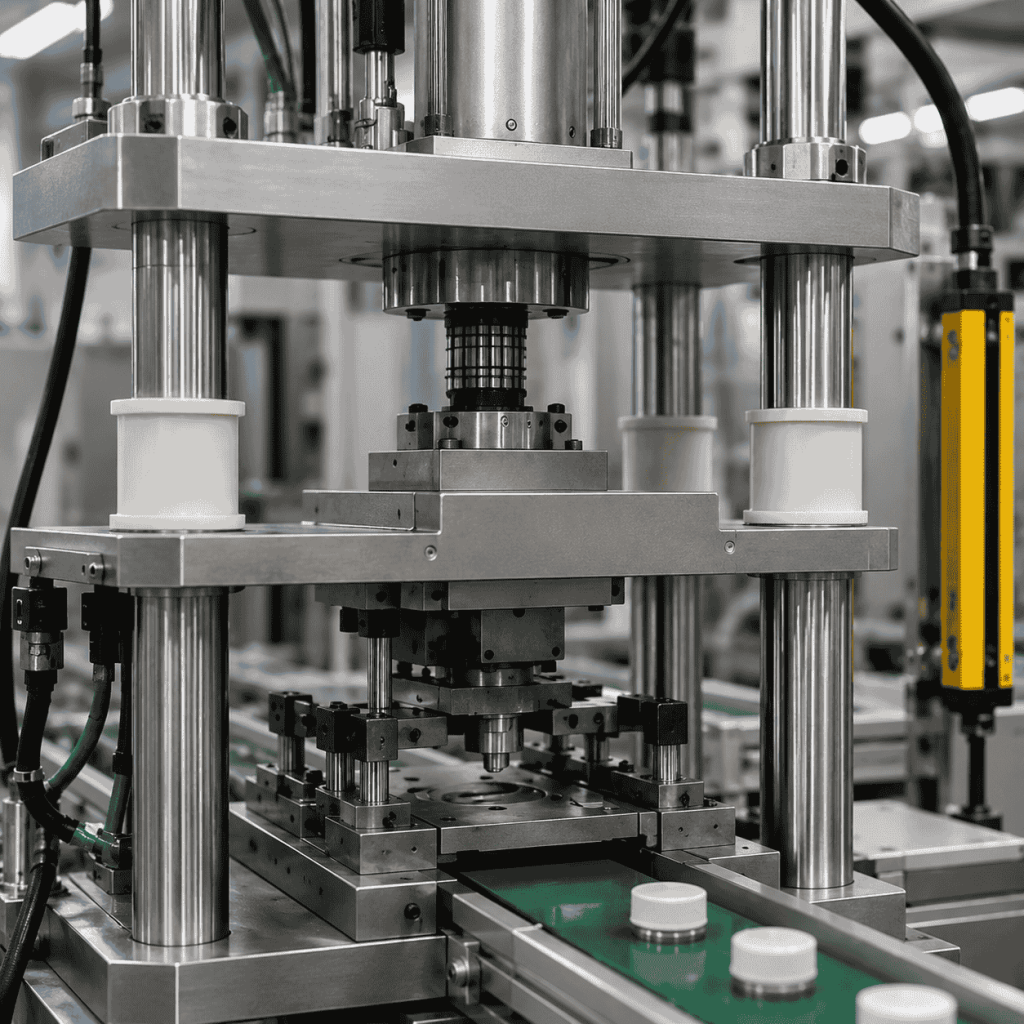 POM guide bushings installed on guide posts in automated assembly equipment