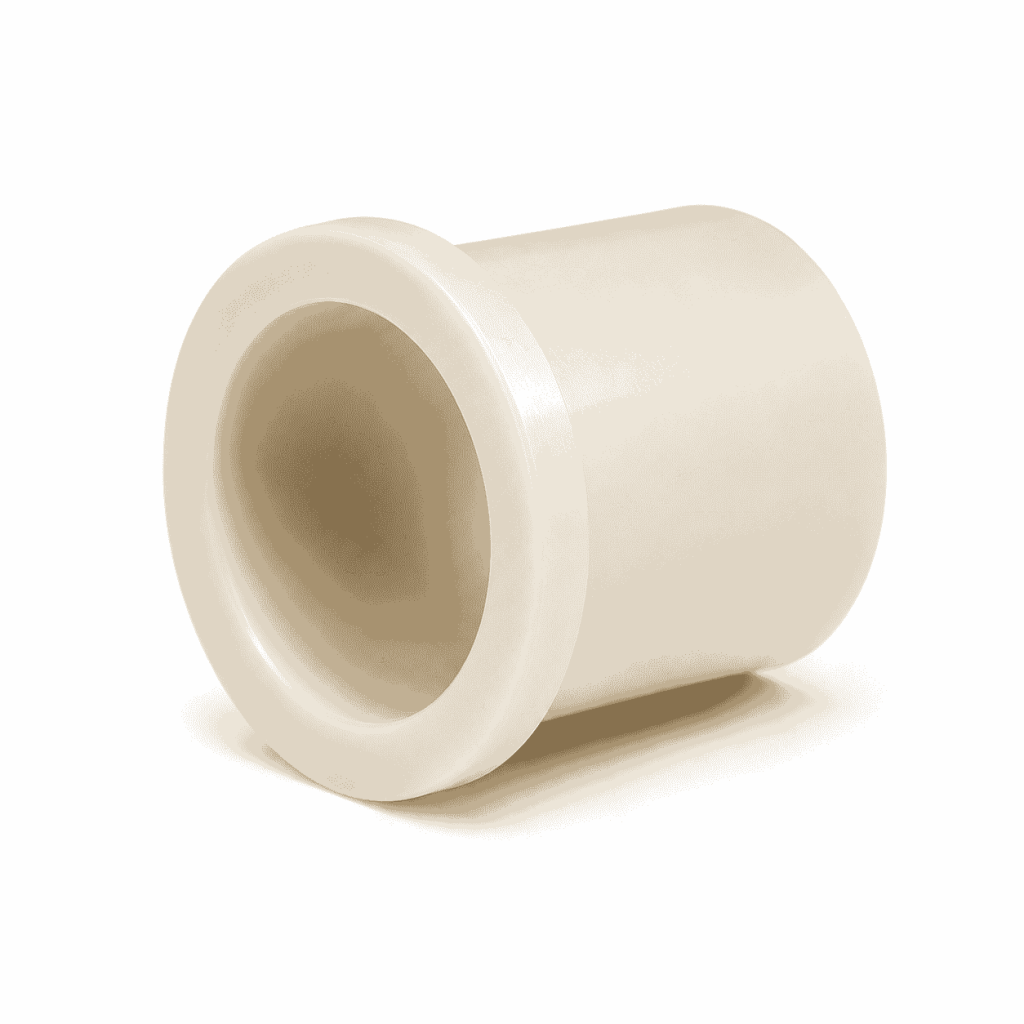 Natural-colored flanged POM guide bushing on a white background