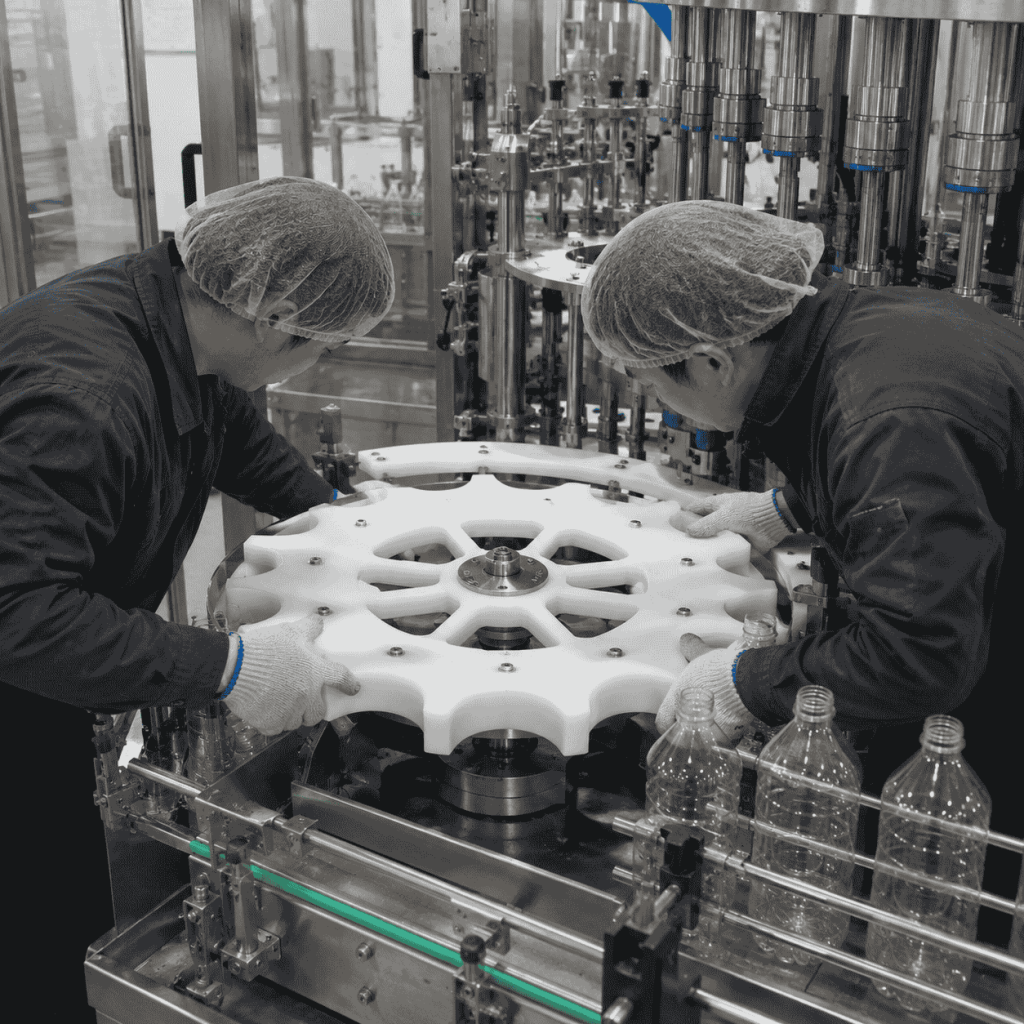 Technicians installing a UHMWPE infeed star wheel on a filling machine