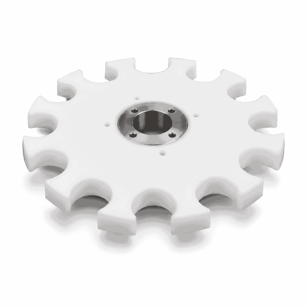 White UHMWPE infeed star wheel with metal center hub