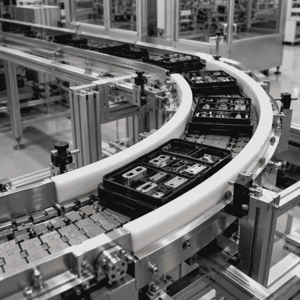 UHMWPE curved guide rails guiding pallets through an automated assembly line conveyor
