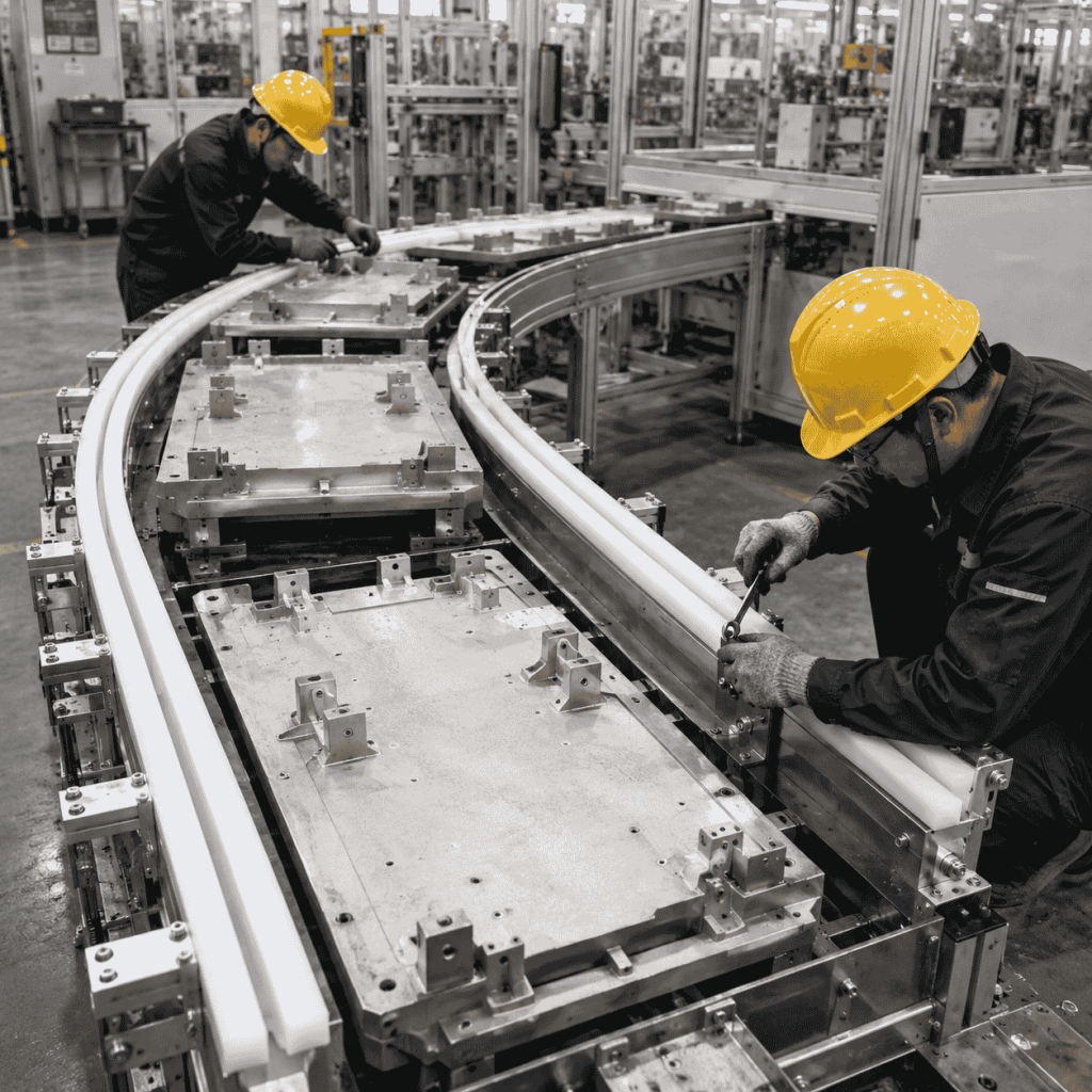Workers installing UHMWPE curved guide rails on an automated pallet conveyor system