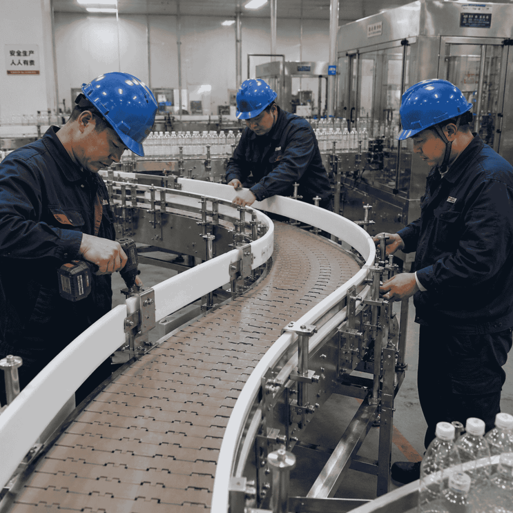 Chinese technicians installing UHMWPE side guide rails on a curved beverage bottling conveyor.