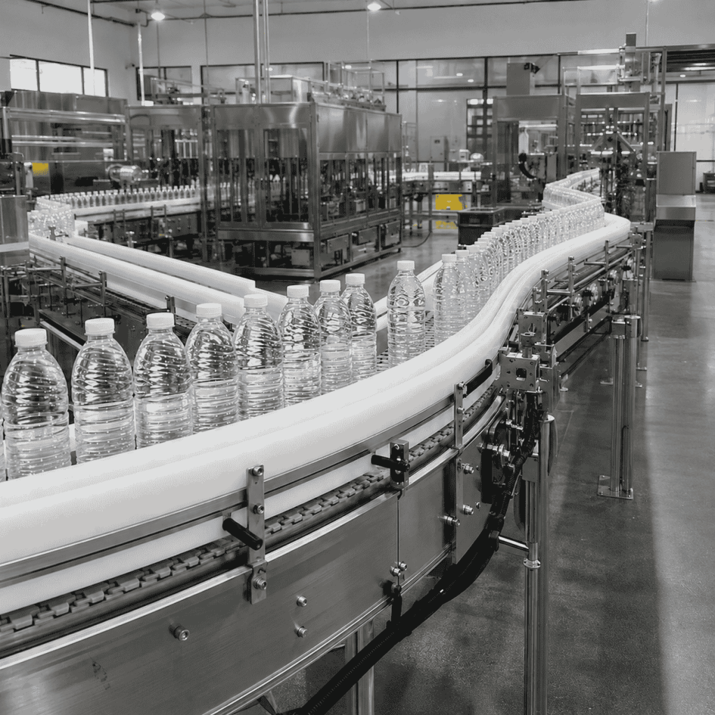 Water bottles moving along a beverage bottling conveyor fitted with white UHMWPE side guide rails.
