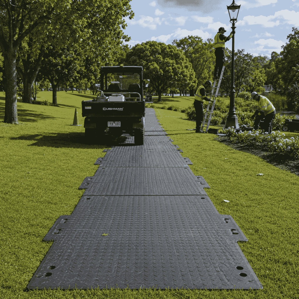 UHMWPE ground protection mats forming a temporary access road for park maintenance vehicles on grass