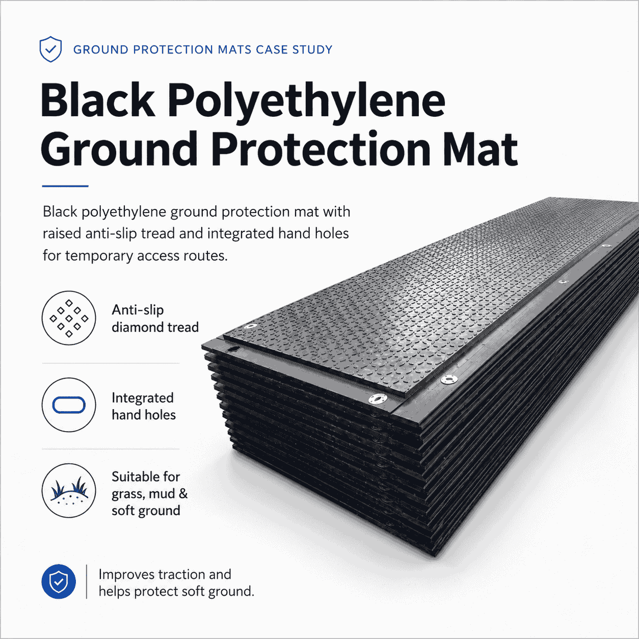 Ground Protection Mats Case Study featuring a black polyethylene mat with anti-slip diamond tread