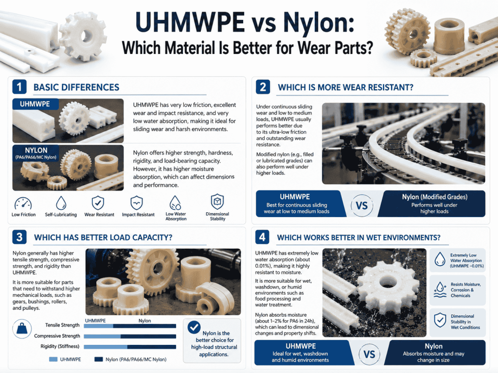 UHMWPE vs Nylon comparison infographic showing wear resistance, load capacity, moisture absorption, and typical industrial applications