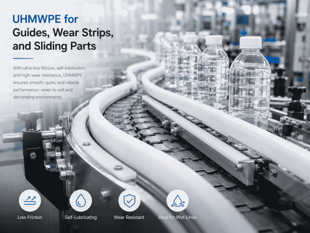 UHMWPE conveyor guides and wear strips installed on a plastic bottle production line