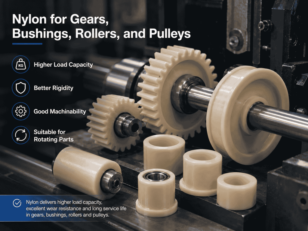 Nylon gears, bushings, rollers, and pulleys used in industrial machinery