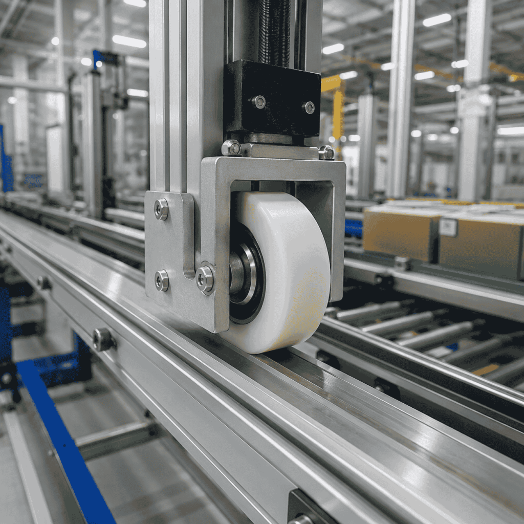 Nylon guide wheel application on an automated conveying equipment rail