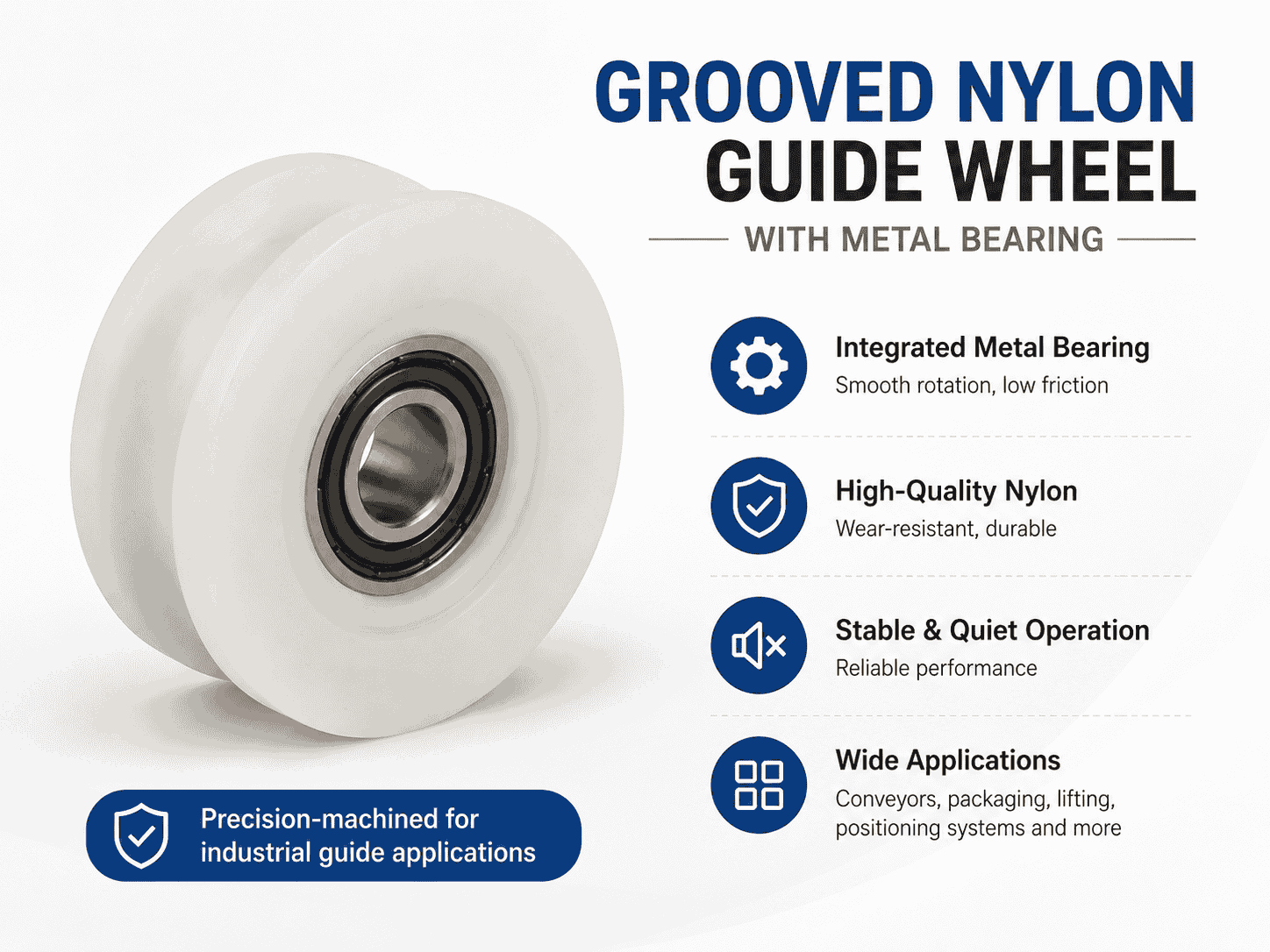 White grooved nylon guide wheel with integrated metal bearing and key product features