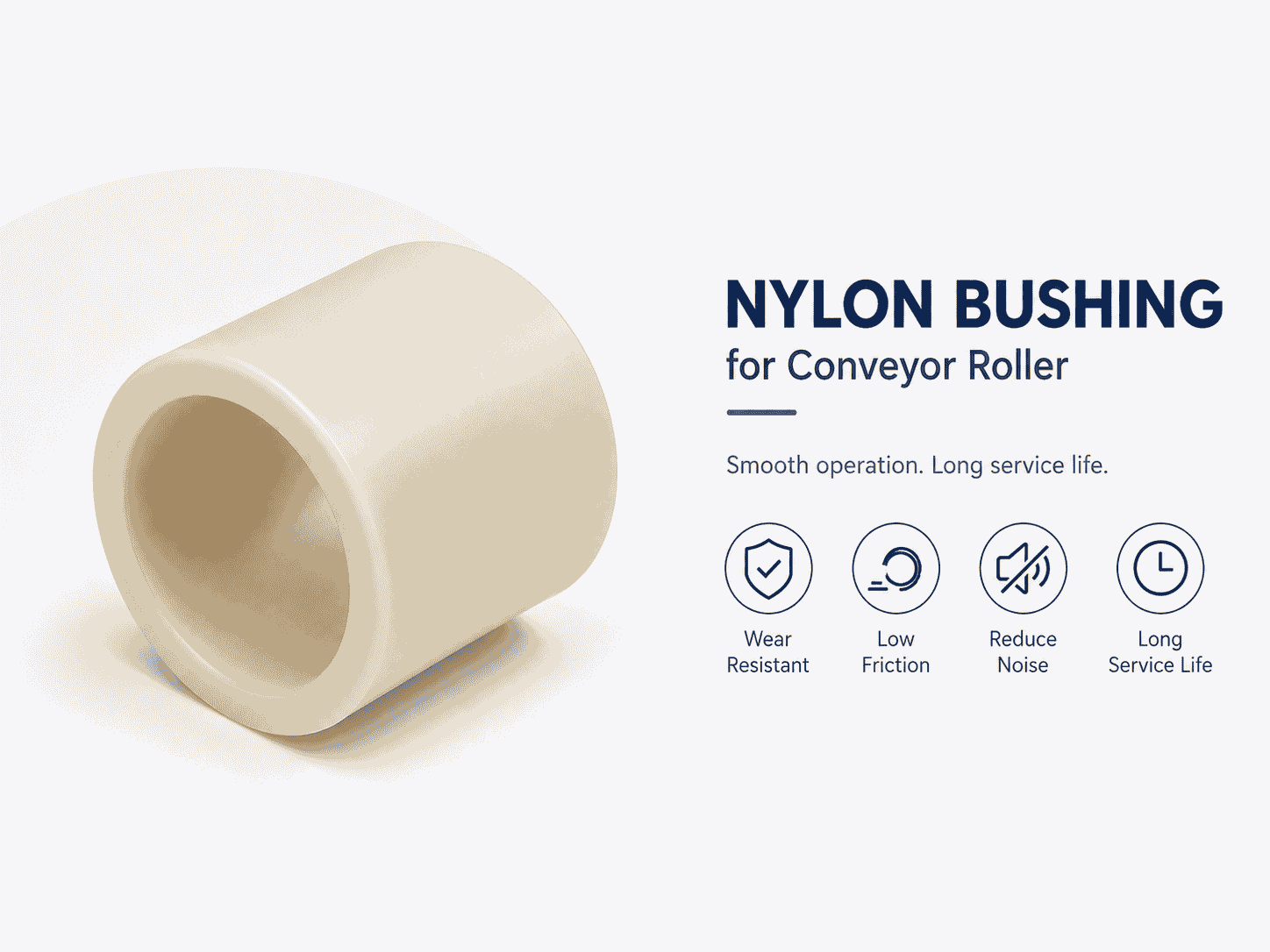 Natural-colored nylon bushing for conveyor roller support with installed application example