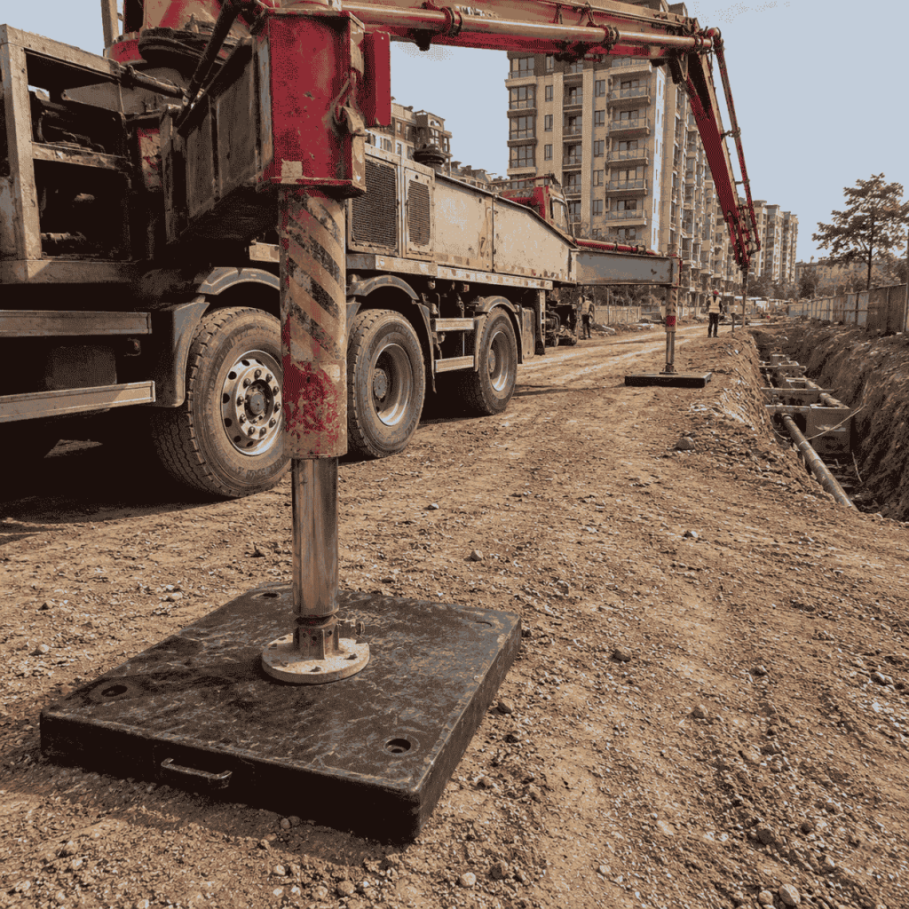 Concrete pump truck supported by a UHMWPE outrigger pad on backfilled soil at a construction site