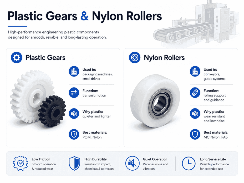 Plastic gears and nylon rollers used in industrial machinery
