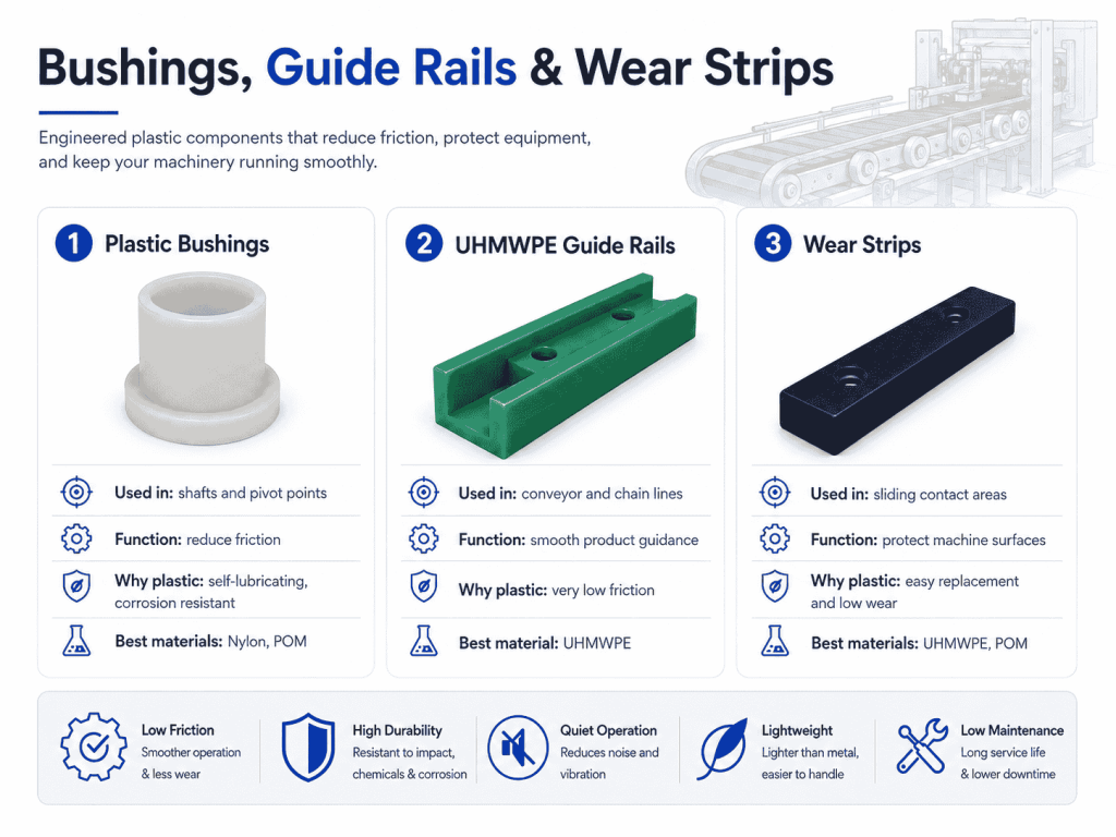 Plastic bushings, UHMWPE guide rails, and wear strips in machinery