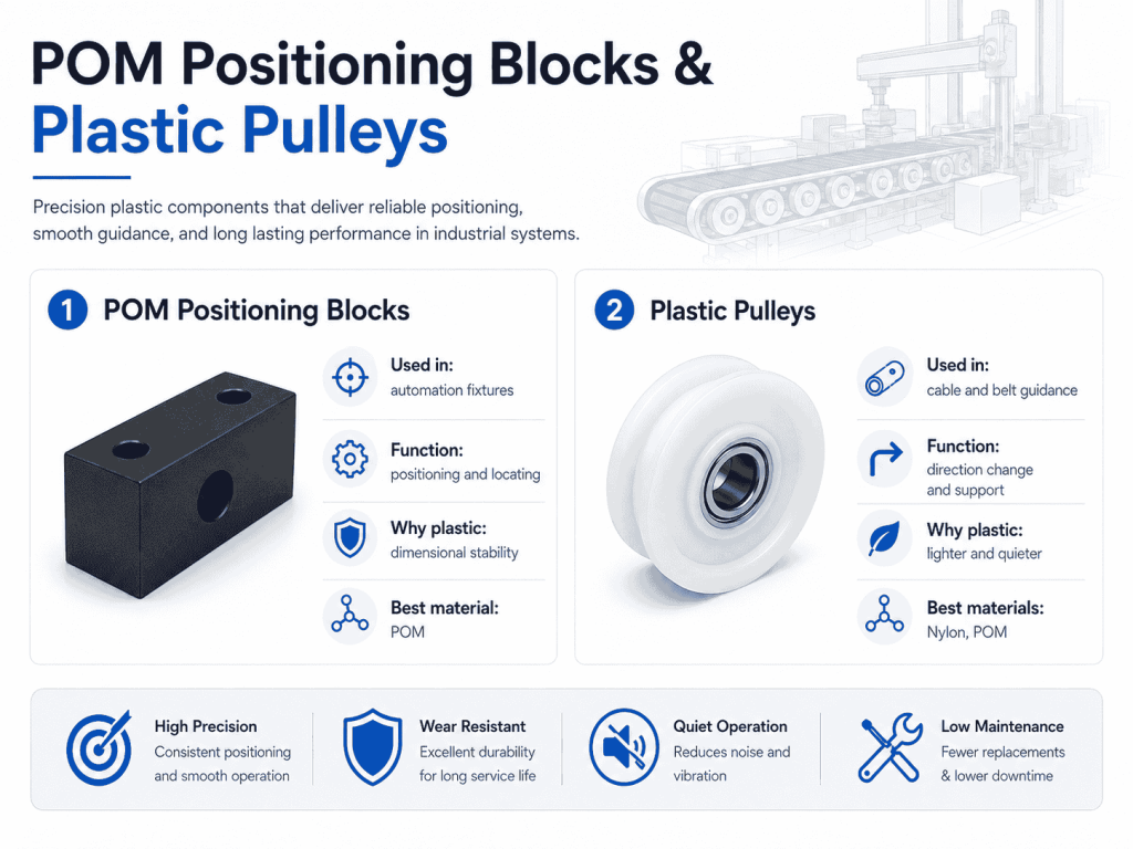 POM positioning blocks and plastic pulleys for industrial systems