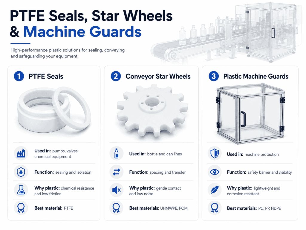 PTFE seals, conveyor star wheels, and plastic machine guards