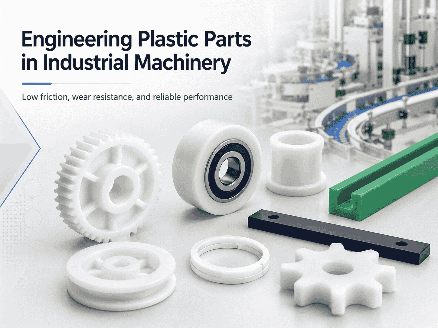Engineering plastic parts used in industrial machinery, including gears, rollers, bushings, guide rails, wear strips, seals, and star wheels