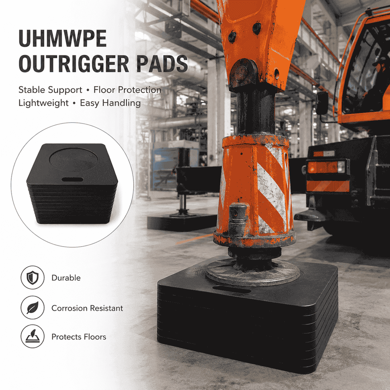 UHMWPE outrigger pads supporting crane outriggers during heavy equipment installation in a narrow industrial workshop