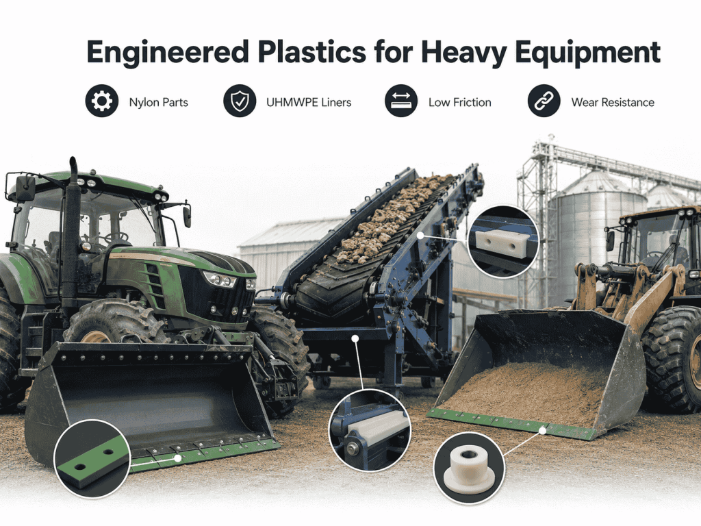 Engineered plastic parts for heavy equipment and agricultural machinery