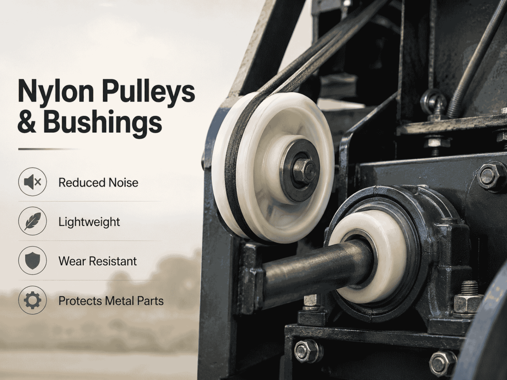 Nylon pulley and bushing installed in heavy machinery