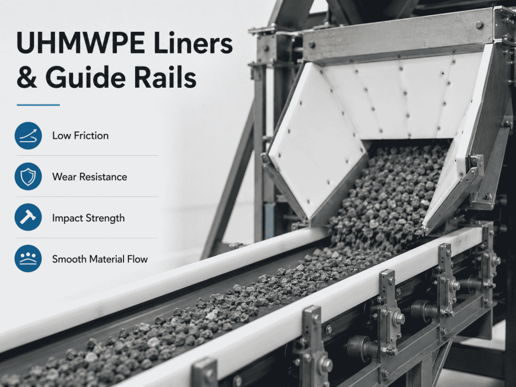 UHMWPE liners and guide rails on a material conveyor