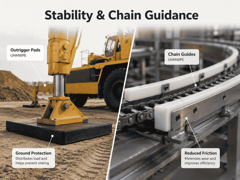 UHMWPE outrigger pad and chain guide applications