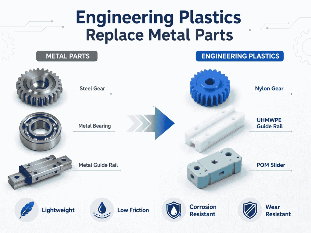 Engineering plastics replacing metal parts with nylon gears, UHMWPE guide rails, and POM sliders