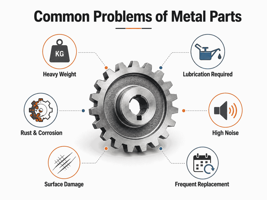 Common problems of metal parts including weight, corrosion, noise, lubrication, surface damage, and frequent replacement