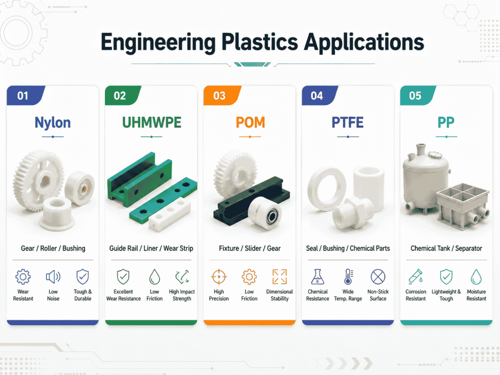 Applications of nylon, UHMWPE, POM, PTFE, and PP engineering plastics in industrial components
