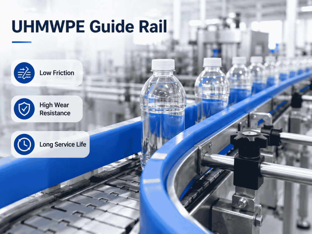 UHMWPE guide rail used in an industrial bottle conveyor system