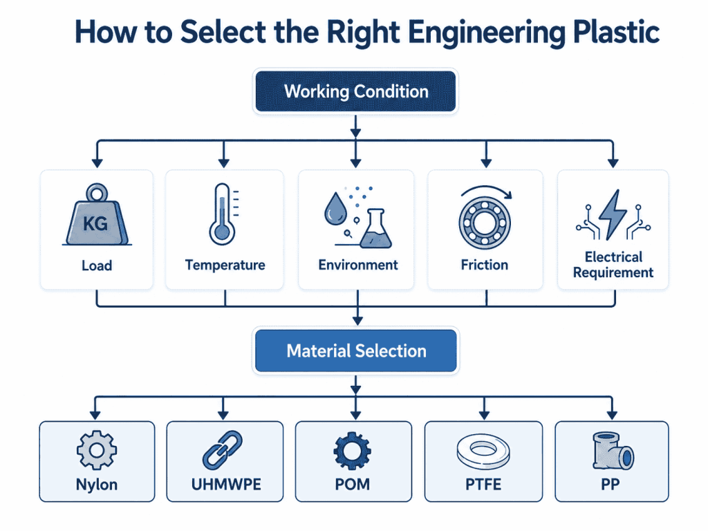 Engineering plastic material selection based on load, temperature, environment, friction, and electrical requirements