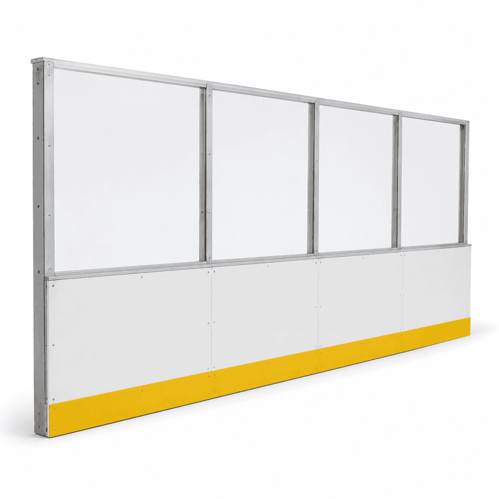 Roller Hockey Dasher Board System with polyethylene panels and modular metal frames