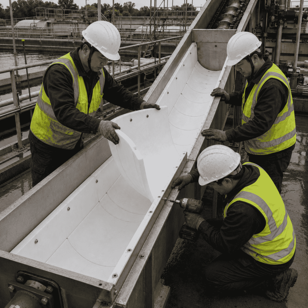 Chinese workers installing UHMWPE U-shaped liners inside a shaftless screw conveyor at a wastewater treatment plant.