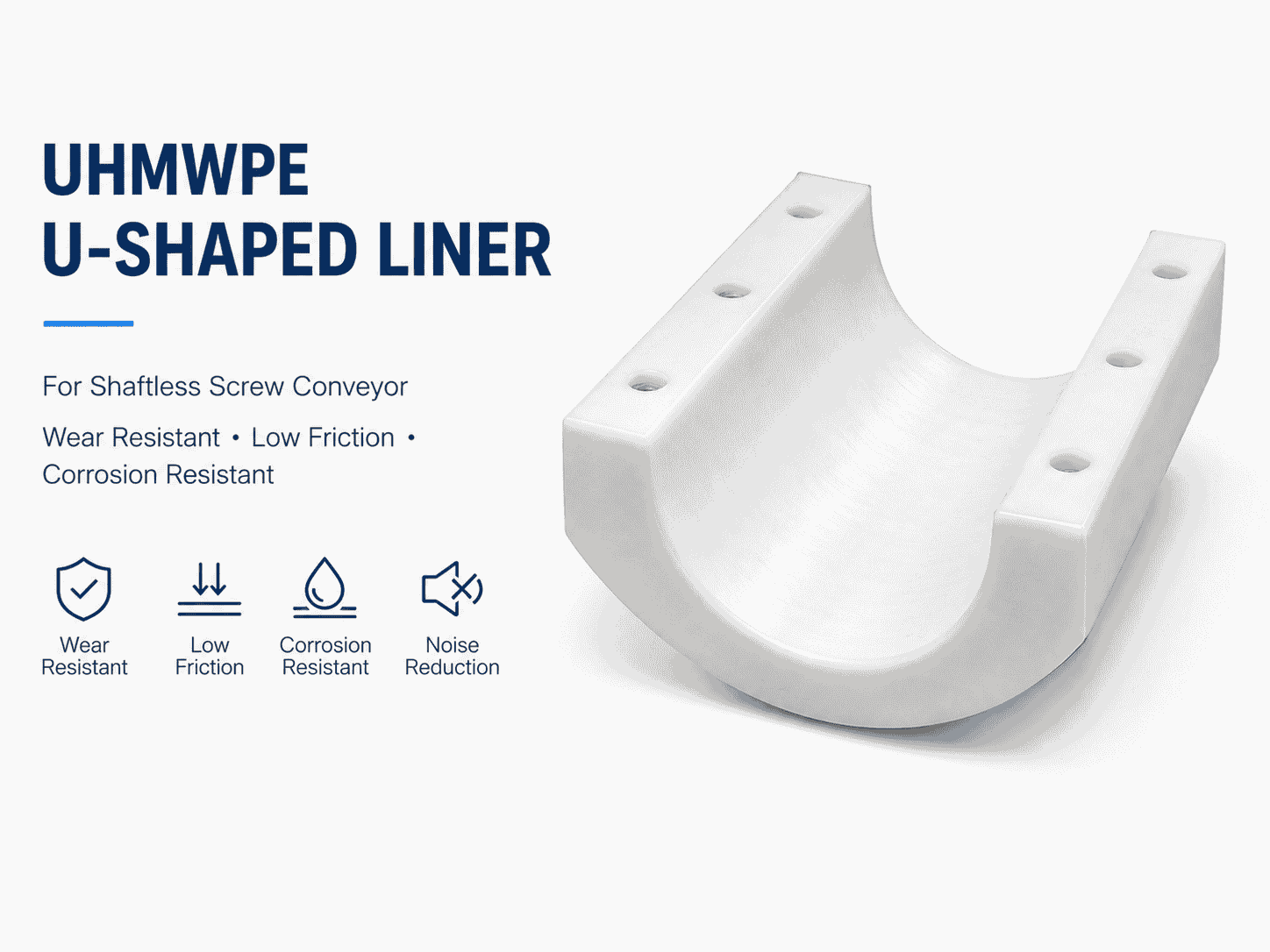 White UHMWPE U-shaped liner on a clean white background, shown as a single machined wear-resistant component.