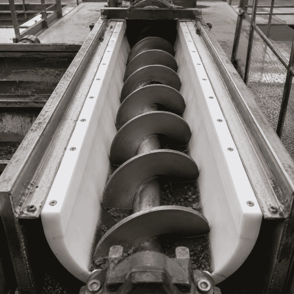 Wastewater treatment technicians securing segmented UHMWPE conveyor liners in a U-shaped stainless-steel trough.