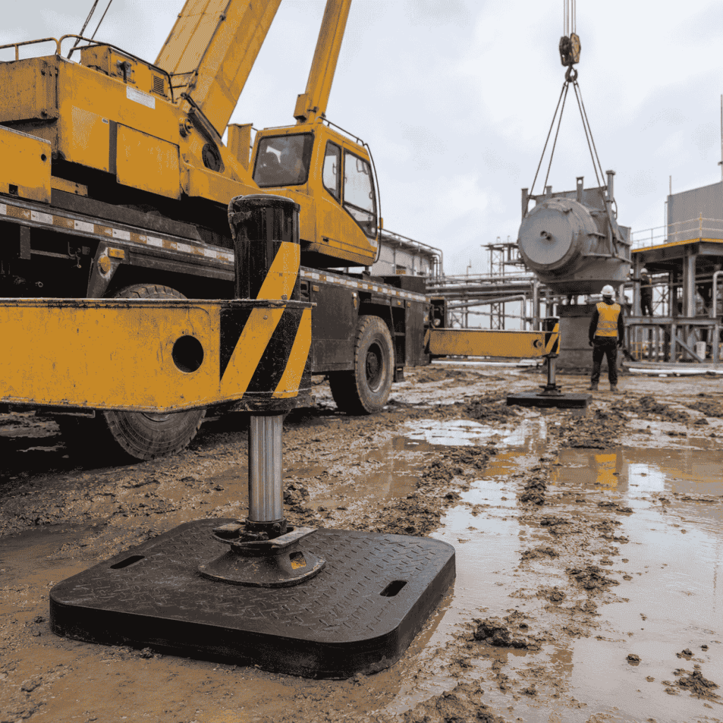Mobile crane supported by a UHMWPE outrigger pad on muddy ground during an industrial lifting operation