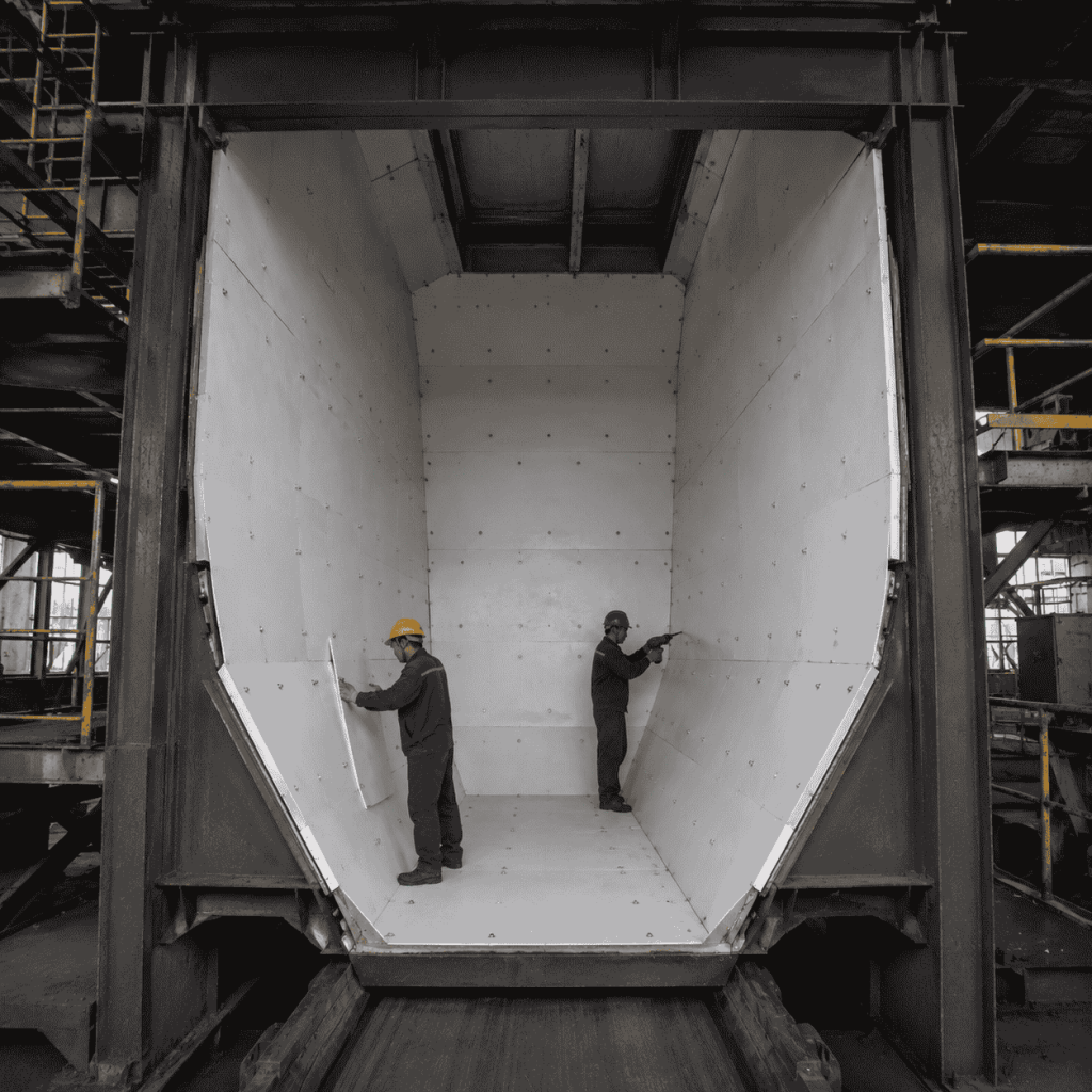 Two Chinese workers wearing work uniforms and safety helmets install white UHMWPE liner panels inside a 3–4-meter-high coal bunker at an industrial facility.