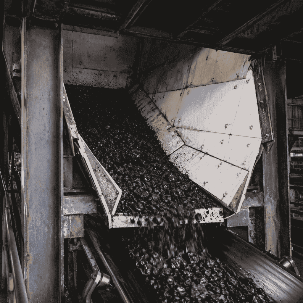 A UHMWPE-lined coal bunker filled with wet black coal inside an industrial coal handling facility.