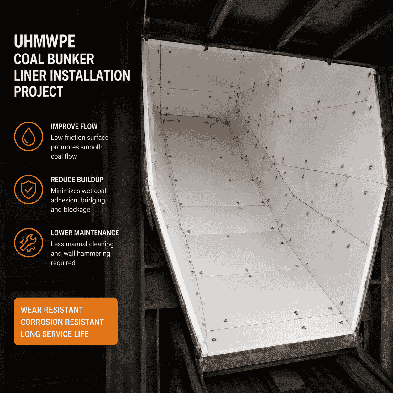 White UHMWPE liner panels installed inside an industrial coal bunker to improve material flow and reduce buildup.