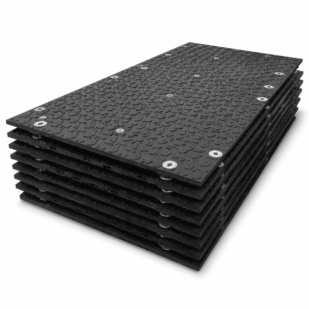 Heavy-duty polyethylene road mats with anti-slip tread for muddy pipeline construction sites