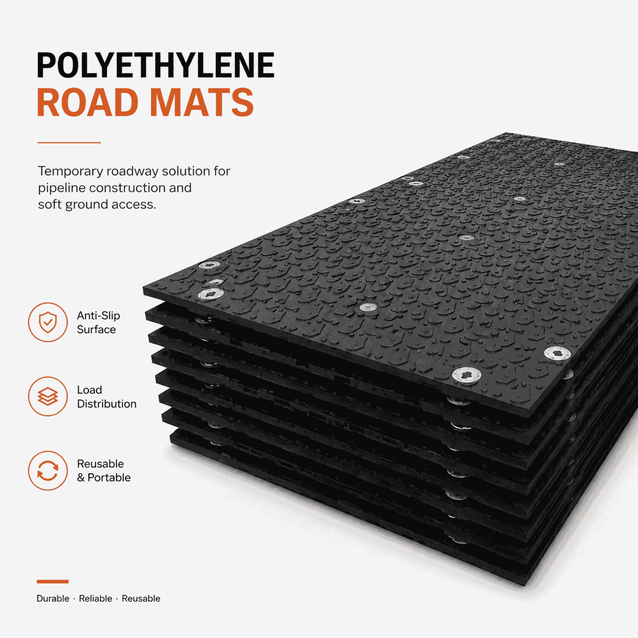Polyethylene Road Mats Case Study featuring stacked black anti-slip mats for pipeline construction access