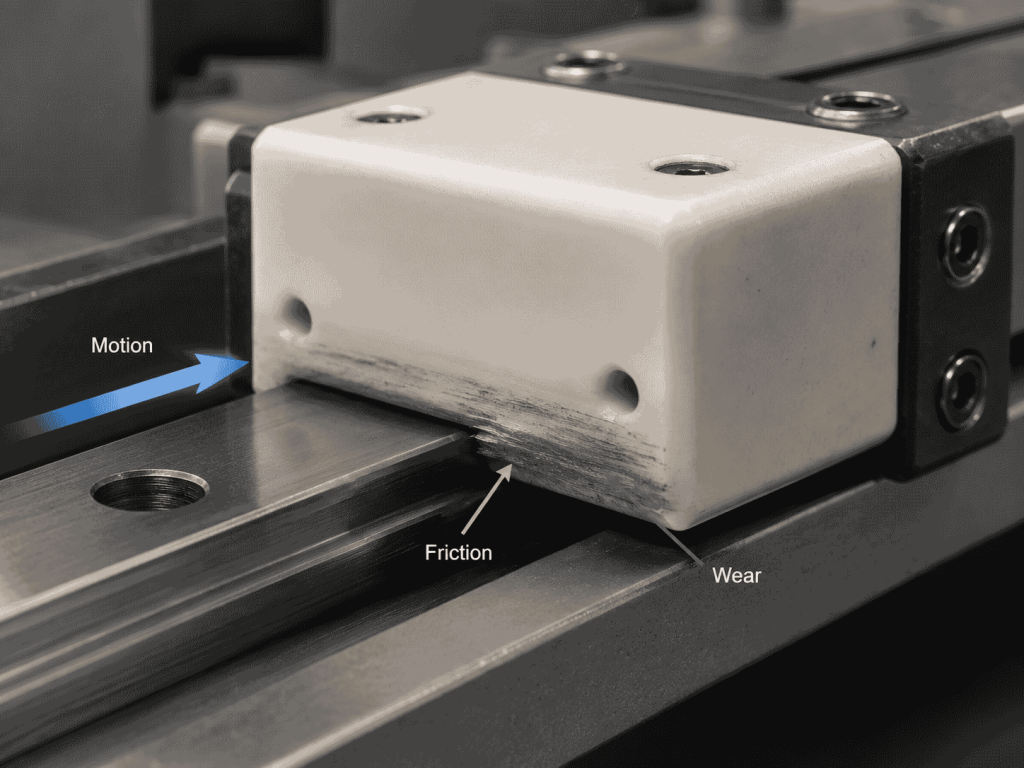 Engineering plastic sliding block moving along a metal rail with friction and wear areas highlighted