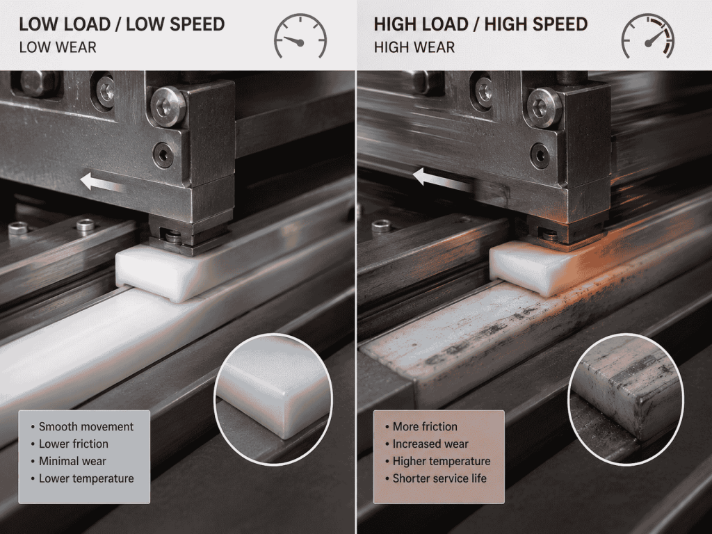Low-load low-speed and high-load high-speed operating conditions compared for engineering plastic wear