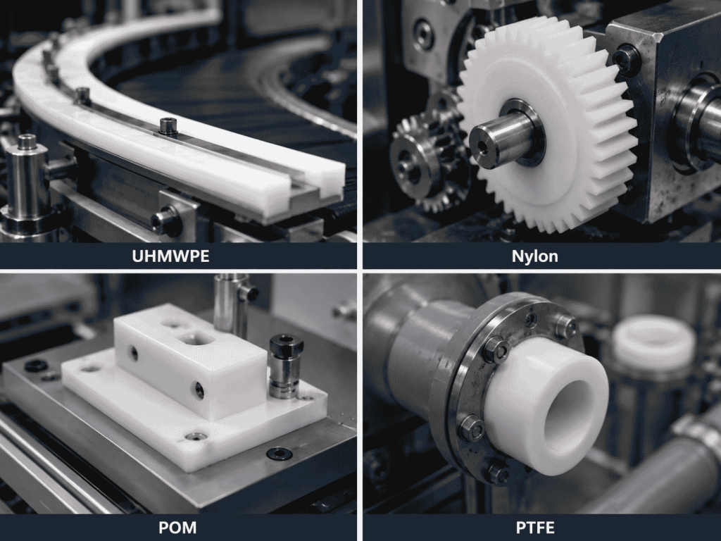 UHMWPE guide rail, nylon gear, POM precision fixture and PTFE bushing in industrial machinery